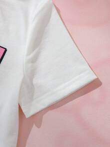 HELLO KITTY AND FRIENDS | SHEIN 女童趣味卡通印花圓領短袖T恤搭配條紋對比色短褲 2件套 - 白色 - 查看 5