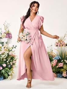 Allurite Plus Size Romantic Elegant Wedding Solid Color Cross V-Neck Tie Side Ruffle Sleeve Dress - Pink - View 3
