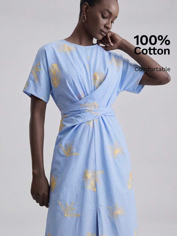 Ontre 女士蓝色底布杏色刺绣舒适面料修身款小圆领略落肩短袖交叉收腰设计波西米亚风度假穿搭网红同款乡村音乐节西部风高品质面料舒适女士蓝色连衣裙 - 藍色 - 查看 6