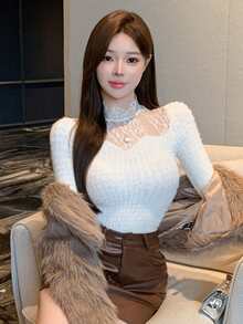 DAZY 秋冬白色刷毛抓絨鏤空蕾絲拼接宴會婚禮返校節慶優雅長袖女款T恤 - 白色 - 查看 9
