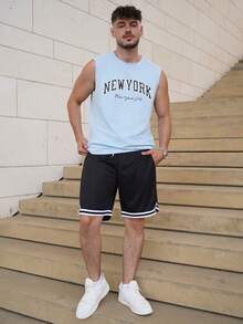 LEOGASHI Men's Casual Letter Print Wide Strap Sleeveless Top, Holiday - Blue - View 3