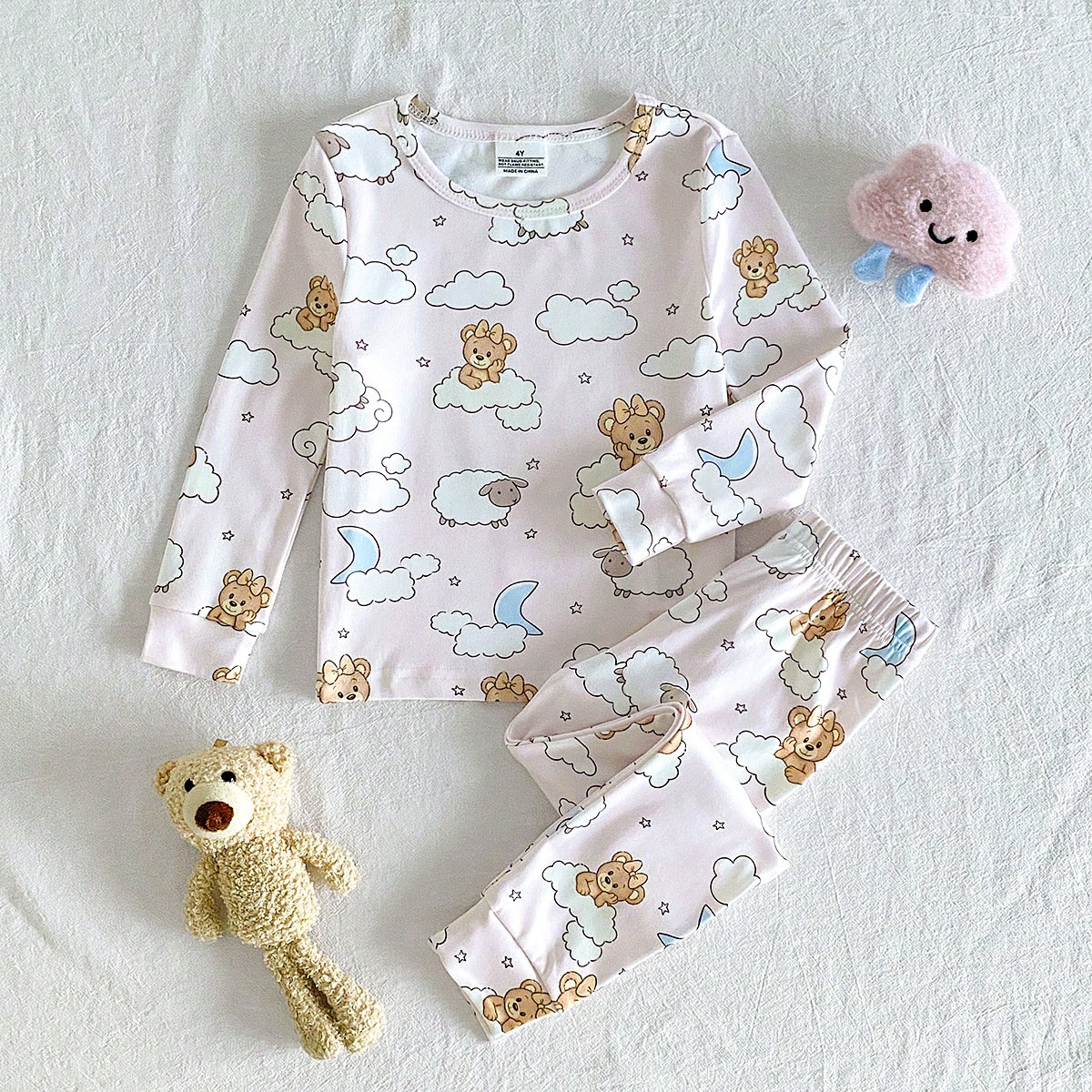2pcs/Set Girls Toddler Loungewear, Light Pink Base With Cute Moon, Sheep And Bow Bear Cartoon Print, Soft Comfortable Snug Fit High Elastic Fabric, Round Neck Long Sleeve Long Pants Snug Fit