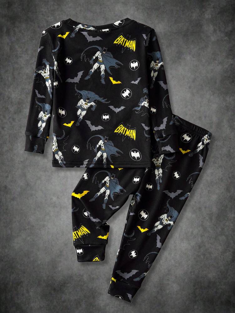BATMAN X SHEIN Baby Boy Cartoon Bat Print Knit Crew Neck Top And Pants Tight Fit Pajama Set - Black - View 2