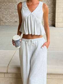 Sydney Algeri Women's V-Neck Sleeveless Top And Pants Set, Summer New Arrival,Work Outfits For Women Elegant - Grey - View 7