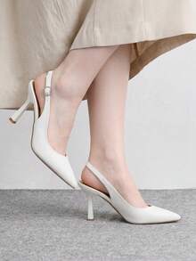 CUCCOO BIZCHIC 女款新款米色尖頭細高跟後扣slingback鞋，簡約時尚優雅性感，適合派對、通勤上班穿著 - 白PU - 查看 3