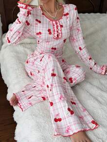 CottageSlumber Women's Plaid Cherry Bow Print Frill Trim Round Neck Long Sleeve Pants Pajama Set - Pink - View 6