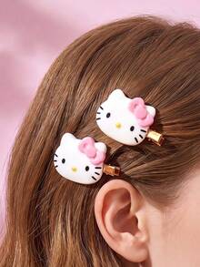 HELLO KITTY AND FRIENDS | Joivida 2入組粉色蝴蝶結貓頭樹脂髮夾，鋅合金鱷魚夾，女性側瀏海夾，甜美少女風髮飾髮夾，適合日常佩戴、派對、旅行、辦公室，可愛的生日或週年紀念禮物 - 粉色 - 查看 3