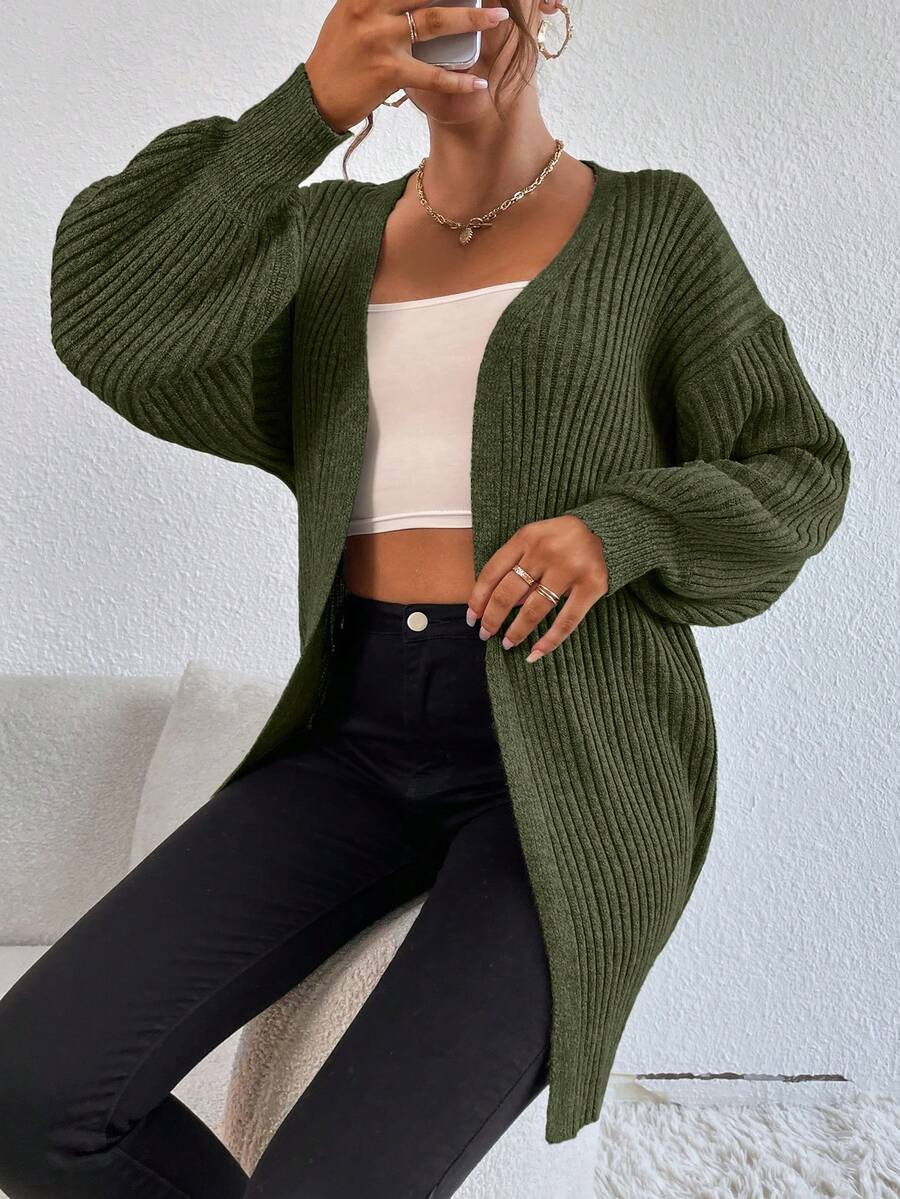 EURMUSE Casual Solid Color Drop Shoulder Loose Cardigan - Army Green - View 1