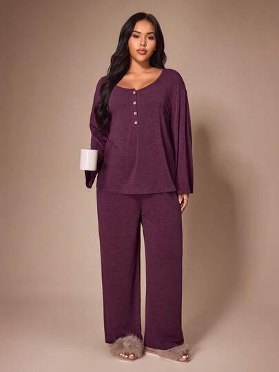 Lazeform Plus Size Women's Solid Color Comfortable Loose Knit Button Crew Neck Long Sleeve Top And Pants Loungewear Pajama 2-Piece Set