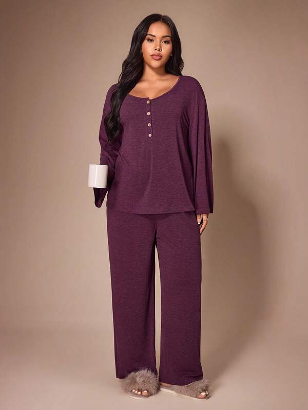 Lazeform Plus Size Women's Solid Color Comfortable Loose Knit Button Crew Neck Long Sleeve Top And Pants Loungewear Pajama 2-Piece Set