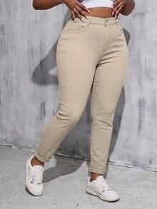 SHEIN Tall CURVE 大尺碼純色極簡百搭鈕扣口袋牛仔褲 - 卡其色 - 查看 5