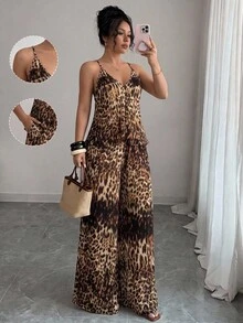 Femmeiva Women's Set Chiffon Textured Fabric Spaghetti Strap Wide Leg Style V-Neck Thin Design, All-Over Leopard Print, High Waist Pants Sexy Summer Beige - Multicolor - View 2