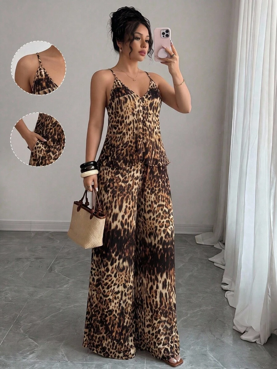 Femmeiva Women's Set Chiffon Textured Fabric Spaghetti Strap Wide Leg Style V-Neck Thin Design, All-Over Leopard Print, High Waist Pants Sexy Summer Beige