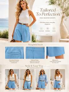 SHEIN PariChic Celana Pendek Kasual Longgar Wanita Warna Polos dengan Desain Lipit - Biru - View 5