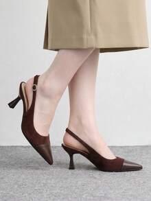 CUCCOO BIZCHIC Women Slingback Heels Mixed Material Design Pointed Toe Elegant Office Shoes - Brown - View 6