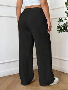 SHEIN PETITE CURVE Plus Size Women Solid Color Drawstring Waist Casual Versatile Wide Leg Pants For Daily Wear - Black - View 7