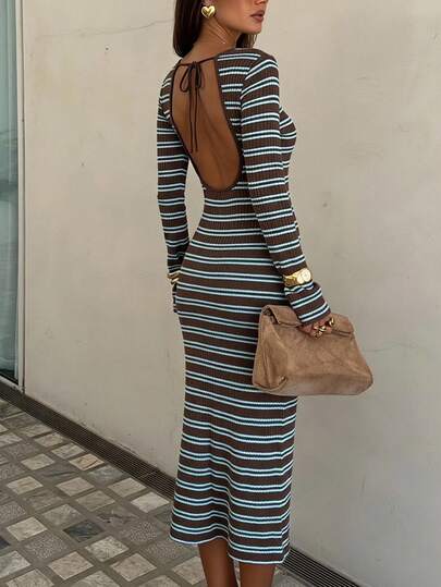 Siren Gaze Women's Brown Striped Backless Bell Sleeve Dress Brunch Going Out Party Autumn Sexy Casual