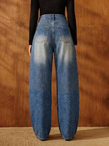 Anewsta Women's Fashion New Sparkling Rhinestone Embellished Vacation Light Blue Jeans Flared Pants Going Out Night Out Party Summer 90s Streetwear - Blue - View 8
