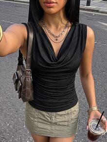 SHEIN ICON Top tank escote drapeado fruncido - Negro - Ver 3