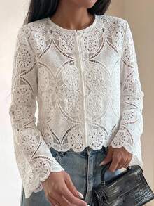 FRIFUL Women's Solid Color Layered Sheer Lace Bell Sleeve Loose Casual Versatile Spring Blouse - White - View 9