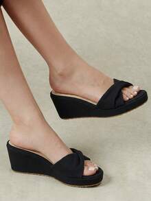 Styleloop Ladies Shoes, Linen Texture, Black, Open-Toed, Wedge Sandals, Retro Style, Suitable For Summer French Casual Vacation Wear - Black - View 2
