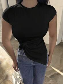 Alexandranx 女款優雅時尚極簡黑色T恤，適合日常通勤，時尚百搭夏季休閒穿搭 - 黑色 - 查看 4