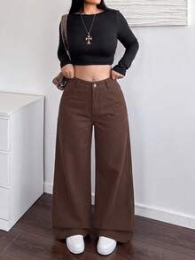 SHEIN ICON 大尺碼女款寬腿寬鬆休閒牛仔褲，附口袋 - 棕色 - 查看 4