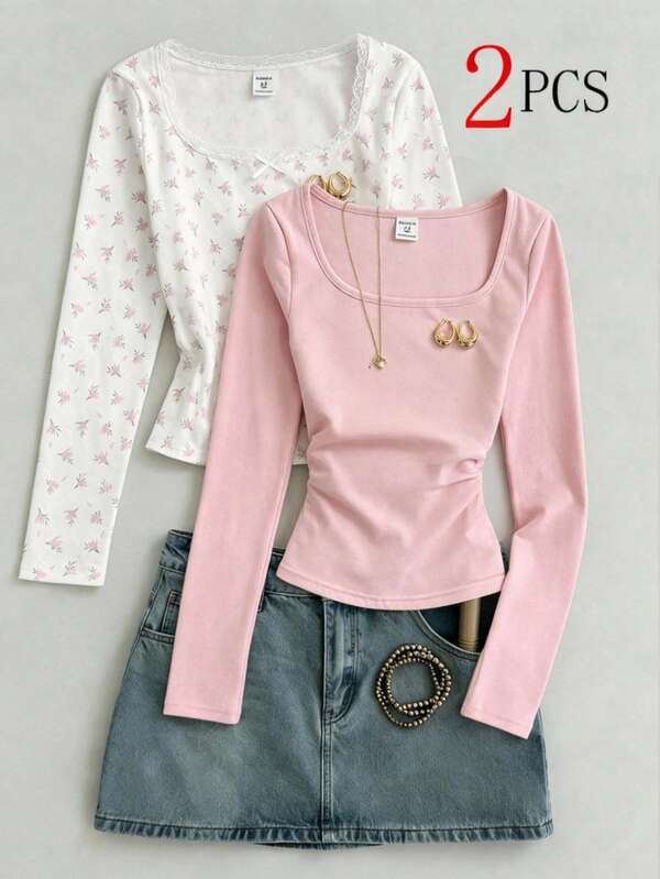 Tween Girl 2pcs/Set Knitted Solid Color & Ditsy Floral Large Scoop Neck Slim Fit Casual Short Length Long Sleeve T-Shirt, Tween Girl Daily Versatile Fall/Winter