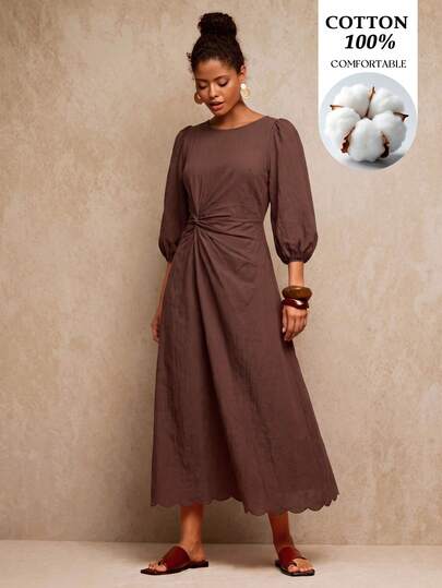 Travachic Damen einfarbiges langes Kleid mit Laternenärmeln und Twist-Detail