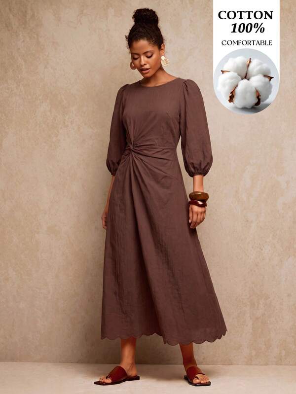 Travachic Women's Solid Color Lantern Sleeve Twist Long Dress