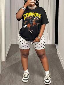 Slaydiva Plus Size Women's Letter & Character Print Short Sleeve T-Shirt And Polka Dot Print Base Shorts Set - Black and White - View 11