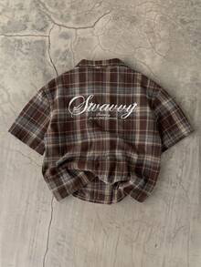 SWAVVY 男士時尚刺繡格紋單排扣短袖襯衫 - 棕色 - 查看 6