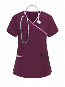 TaskEZ Solid Color Patchwork V-Neck Short Sleeve Top And Pants Scrub Uniform Set - Red Violet - View 3
