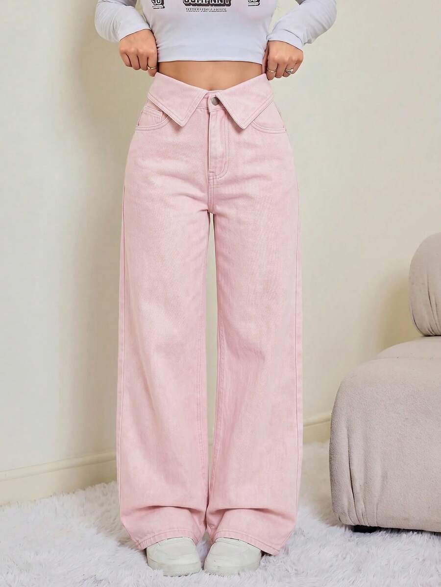 SHEIN Tall 女款折疊腰寬腿寬鬆休閒牛仔褲 - 粉色 - 查看 1