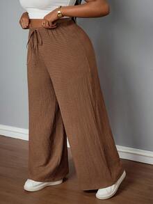 SHEIN PETITE CURVE 大尺碼女款巧克力棕色紋理休閒軟身長褲，適合度假、商務、居家、婚禮賓客、早午餐約會、居家休閒與辦公室穿著，夏季款 - 咖啡棕 - 查看 7