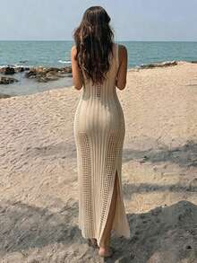 Livesso Women's Solid Color Hollow Knit Beach Cover-Up Dress - Beige - View 2