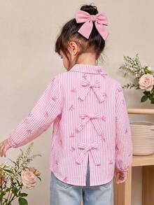 Elladie kids 少女休闲蝴蝶结装饰灯笼袖衬衫，秋季 - 粉色 - 查看 2