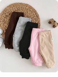 Celana Panjang Bayi Baru Lahir Musim Gugur/Dingin Lucu Serbaguna Kasual Warna Polos Pinggang Elastis 5pcs/Pack Netral - Baby Pink - View 5
