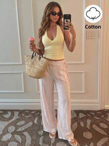 Sunnyshic Women's Spring/Summer Pink Striped Fabric Long Pants, Low Waist Side Tie Straight Leg Retro Casual Cute Vacation Beach Home Daily Versatile - Pink - View 4