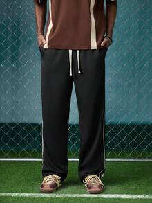 EVRINFINITE Men's Loose Fit Straight Leg Casual Pants With Side Stripe And Drawstring Waist, Fall - Black - View 6