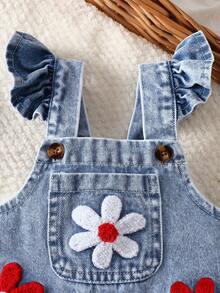 SHEIN Playful Pals 2件組女嬰可愛草莓刺繡圍兜褲，柔軟棉質藍色夏季親子套裝，休閒日常穿著 - 紅色 - 查看 5