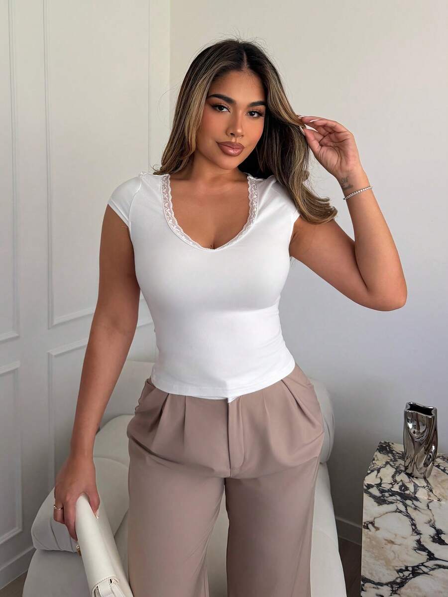 Maria Perezxox Damen Sommer Mode Kontrast Spitze Einfarbig Slim Fit V-Ausschnitt T-Shirt Lässig - Weiss - Übersicht 1