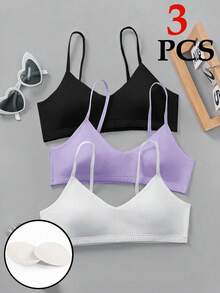 SHEIN Tween Girl Tween Girl 3pcs Tween Girls' Simple Basic V-Neck Padded & Breathable Lingerie Set White - Multicolor - View 7