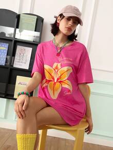 Chillnights Women's Vacation Letter & Floral Print Round Neck Casual Nightgown - Hot Pink - View 5