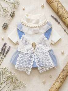 PETSIN 1pc Cat And Dog Universal Clothing, Pearl Lace Collar Princess Style Cat And Dog Dress, Suitable For Pet Birthday Parties, Owner Wedding Matching Outfits, Light Luxury Socialite Style Pet Photos - Blue - View 2