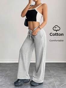 SHEIN PETITE Celana Sweatpants Wanita Rajut Polos Nyaman dan Kasual dengan Pinggang Rendah dan Kaki Lebar, untuk Wanita Bertubuh Mungil - Grey - View 7