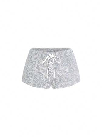 Sweetness Pantalones cortos de mujer con brocado jacquard y cordones, estampado oscuro vintage