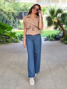Alya Khalil Women's Pocketed Wide Leg Loose Casual Versatile Denim Pants Y2k Fall - Dark Wash - View 3