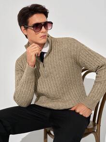 Manfinity CasualKnits 秋冬新款部落客風時尚設計 3D 扭繩圖案半開領套頭毛衣 - 卡其色 - 查看 4
