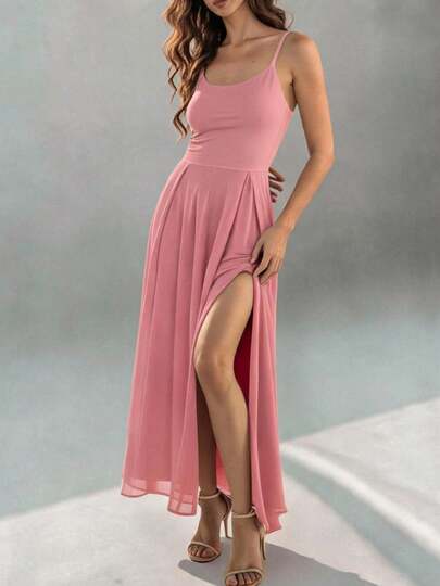 Vestido Elegante de Corte Holgado con Escote Redondo con Tirantes con Detalle de Abertura en Pierna para Mujer
